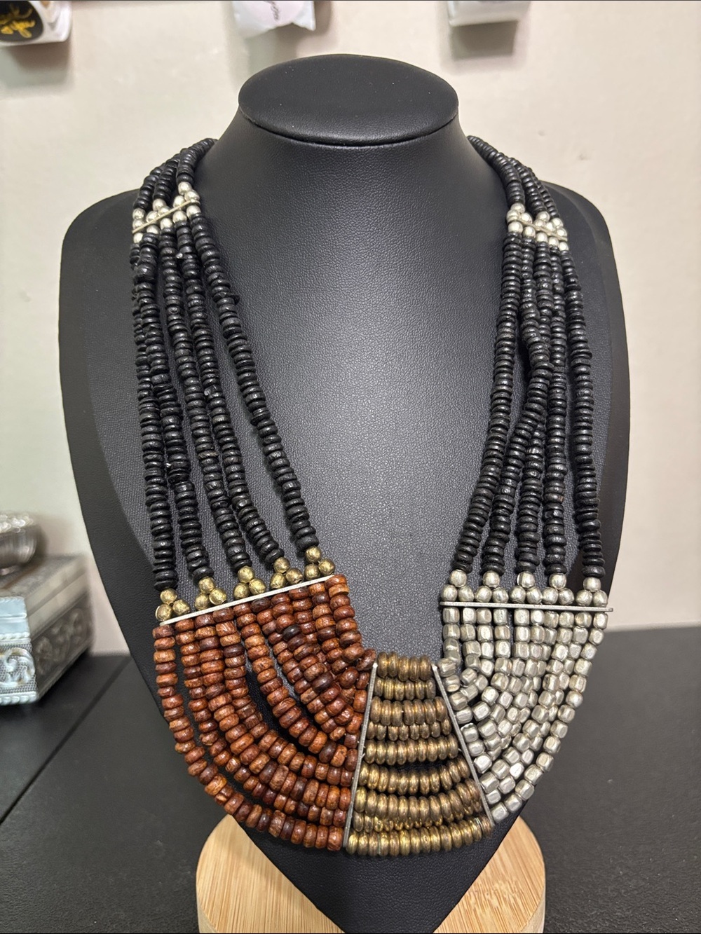 Boho Multi-Strand Beaded Statement Necklace - Black, Brown, Gold, Silver